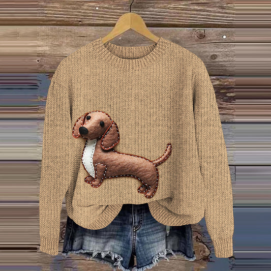 Comstylish Cute Dachshund Embroidery Cozy Knitted Sweater