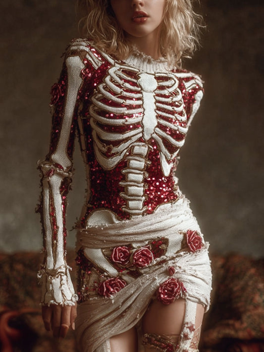 Comstylish Women's Halloween Skeleton Rose Art Dress