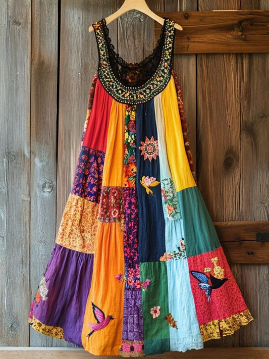 Boho Floral Embroidered Patchwork Linen Blend Dress artswardrobe