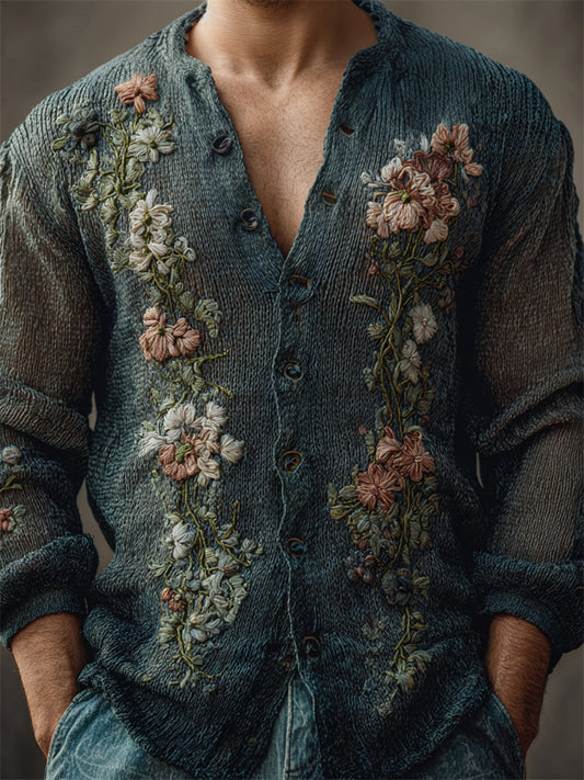 Men's Boho Floral Embroidered Comfy Knit Cardigan artswardrobe