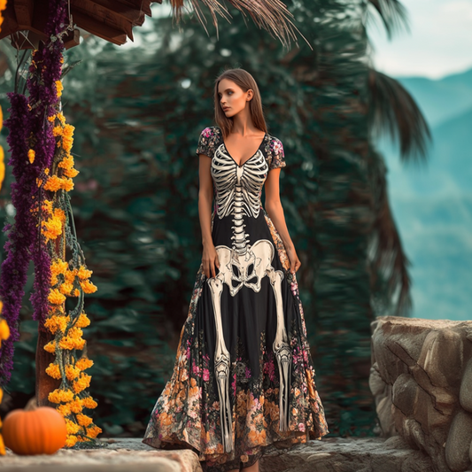 Comstylish Halloween Plant Flower And Skeleton Bone Pattern Combined Design Women Long Cotton And Linen Dress