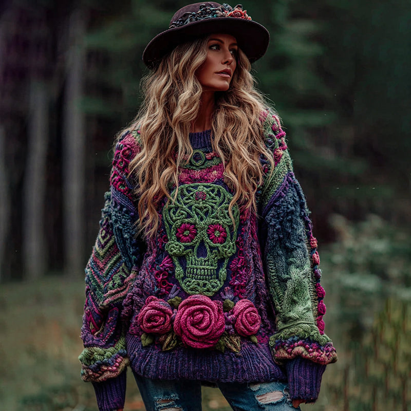 Women's Viking Tribal Jacquard Celtic With Rose And Skull Inspired Chunky Knit Round Neck Sweater artswardrobe