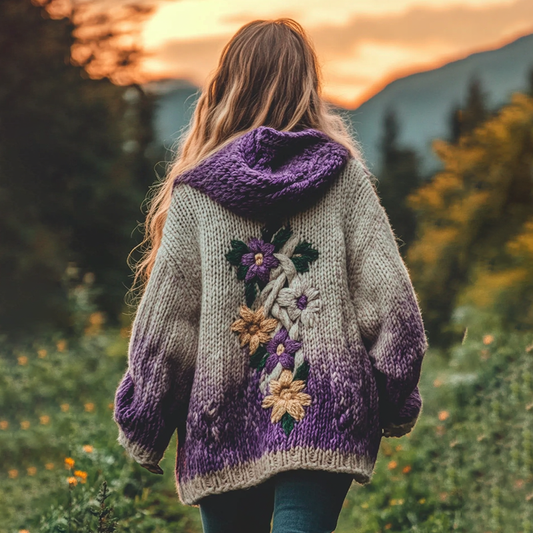 Women's Purple Flowers Gradient Chunky Knit Hooded Cardigan artswardrobe