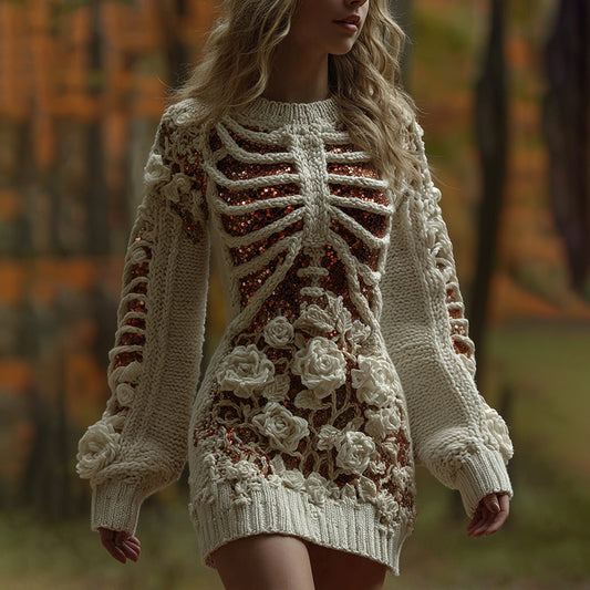 Comstylish Women's Skeleton Flower Art Knit Mini Sweater Dress