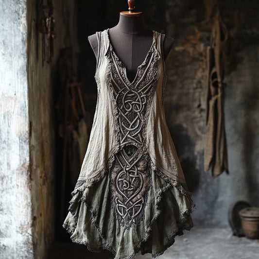 Vintage Tribal Lace Patchwork Comfy Linen Tank Dress artswardrobe