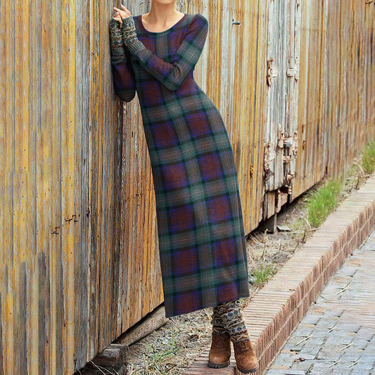 Vintahe Scotland Plaid Crew Neck Long Sleeve Wool Midi Dress elevenforest