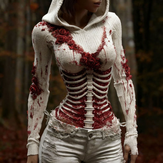 Comstylish Women's Vintage Halloween Skeleton & Rose Art Hooded Sweater