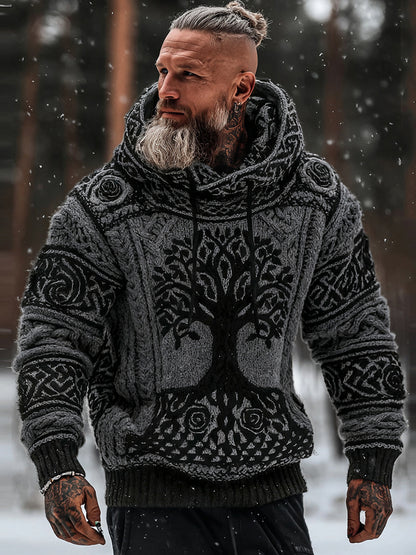 Men's Viking Tribal Jacquard Celtic With Rose And Tree Of Life Inspired Chunky Knit Hooded Sweater artswardrobe