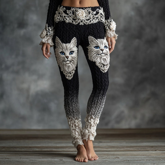 Women's Cute Cat Face Lace Embroidered Gradient Cozy Leggings elevenforest