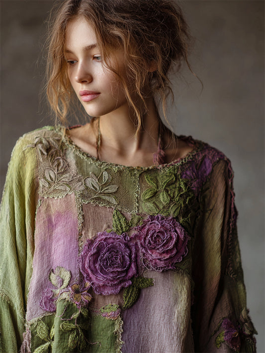 Comstylish Vintage Purple Roses Forest Patchwork Flowy Linen Tunic