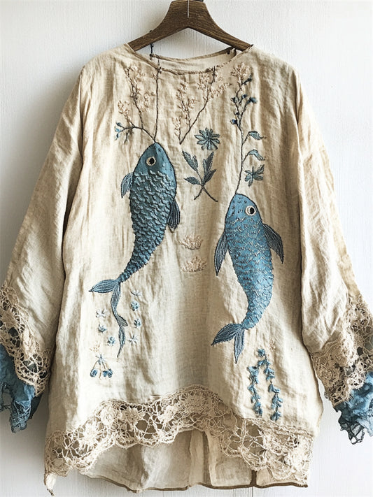 Carp Fish Embroidered  Lace Hem Linen Blend Tunic artswardrobe