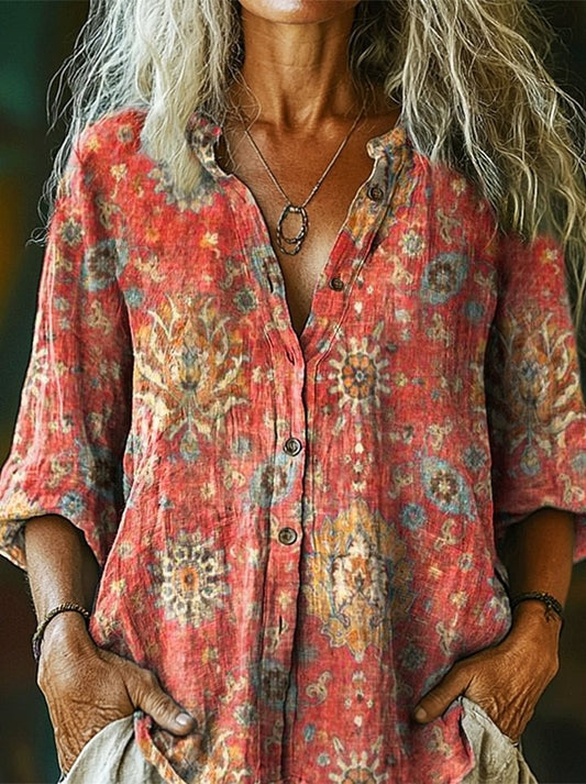 Women's Ethnic Totem Art Patterns Print Linen And Cotton V-neck Casual