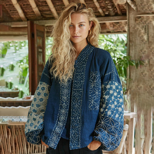 Comstylish Vintage Bohemian Japanese Traditional Sashiko Art Embroidery Print Cotton And Linen Blend Kimono Cardigan