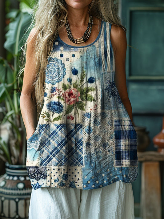Cottage Floral Plaid Fiber Art Pattern Linen Tank Top artswardrobe