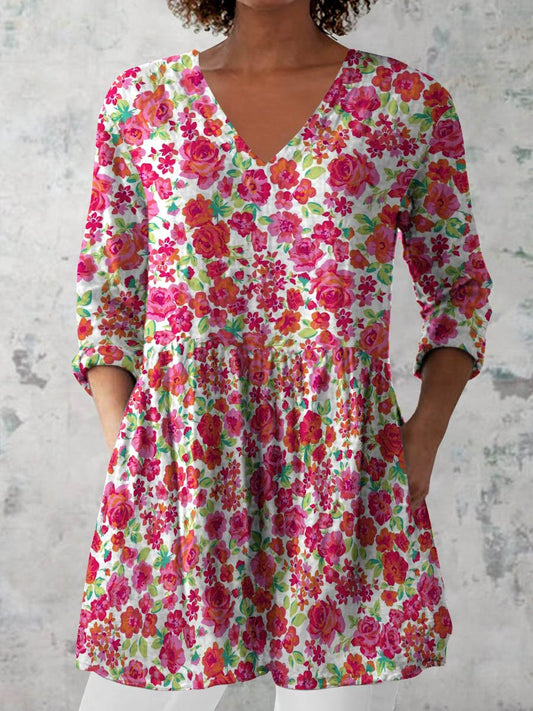 Women's Retro Floral Art Print Casual Cotton And Linen V-neck Top