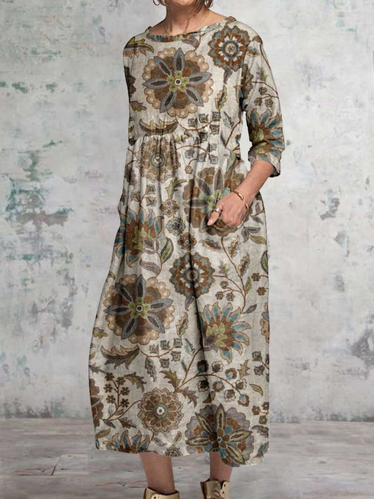 Women's Vintage Floral Art Pattern Round Neck Cotton and Linen Dress with Pockets