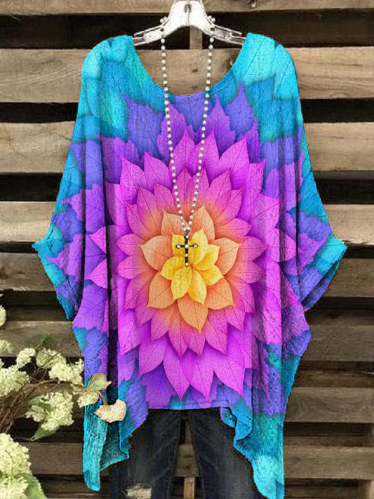 Women's Vintage Timeless Leaf Pattern Crew Neck Top