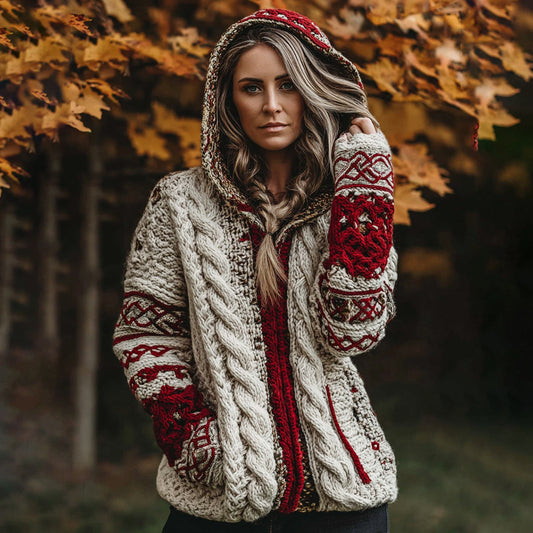 Women's Classic Celtic Knot Jacquard Contrast Print Knit Zip Hoodie elevenforest