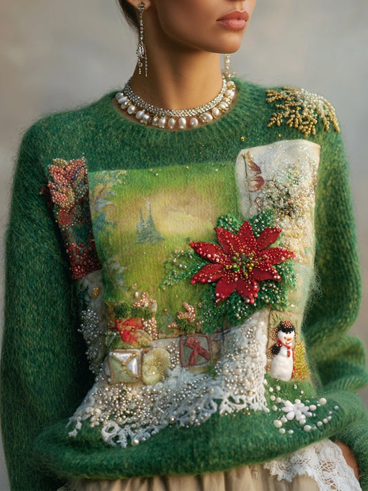 Comstylish Christmas Poinsettia Embroidered Cozy Knit Sweater