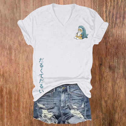Japanese Cute Cat Print V-Neck Short Sleeves T-Shirt elevenforest