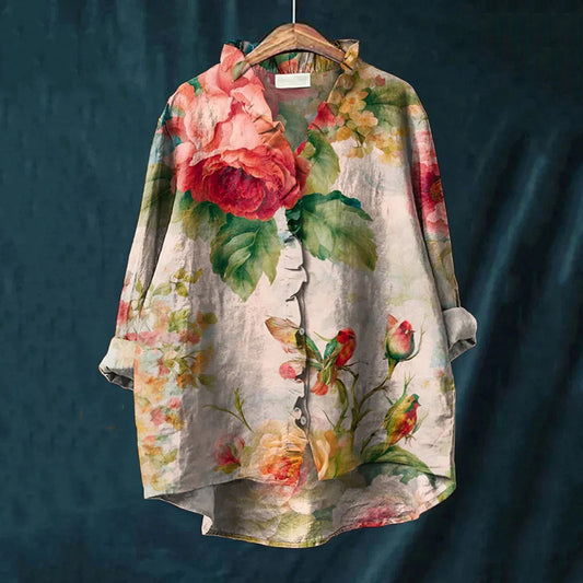 Comstylish Vintage Floral Patchwork Pattern Art Linen Ruffle Shirt