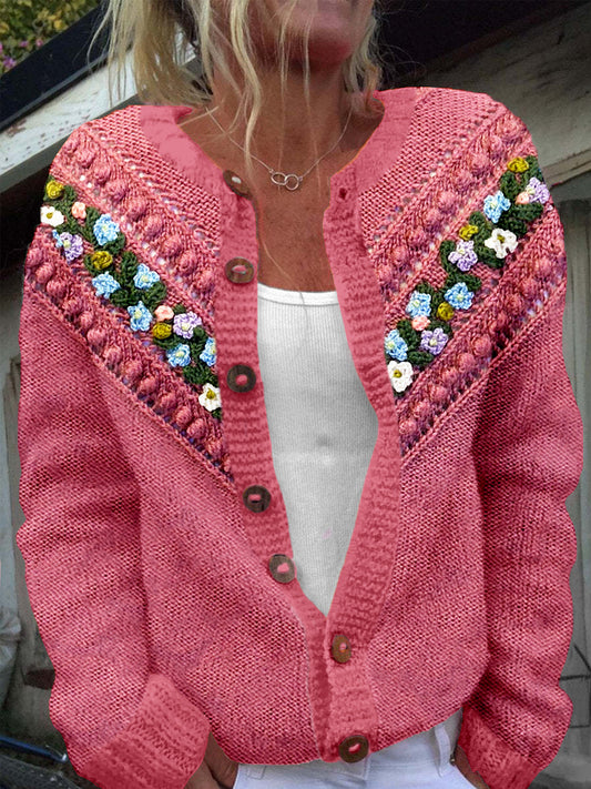 Pink Awareness Colourful Flowers Embroidered Cozy Knit Cardigan elevenforest