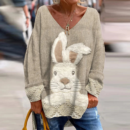 Women's Easter Bunny Print Casual V-Neck Loose T-Shirt artswardrobe
