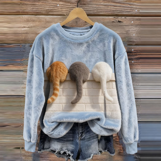 Comstylish Cute Lazy Cats Round Neck Cozy Flannel Sweatshirt