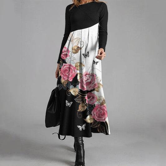 Elegant Contrast Rose Print Wool Midi Dress elevenforest