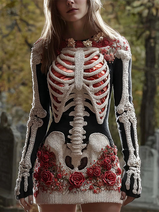 Comstylish Halloween Bloody Skeleton & Floral Art Women's Knit Mini Dress