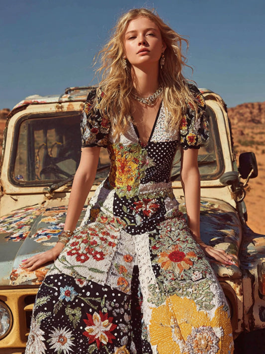 Bohemian Western Style Patchwork Dreamcore Embroidery Flowers Heavy Embroidery V-neck Short-sleeved Long Dress