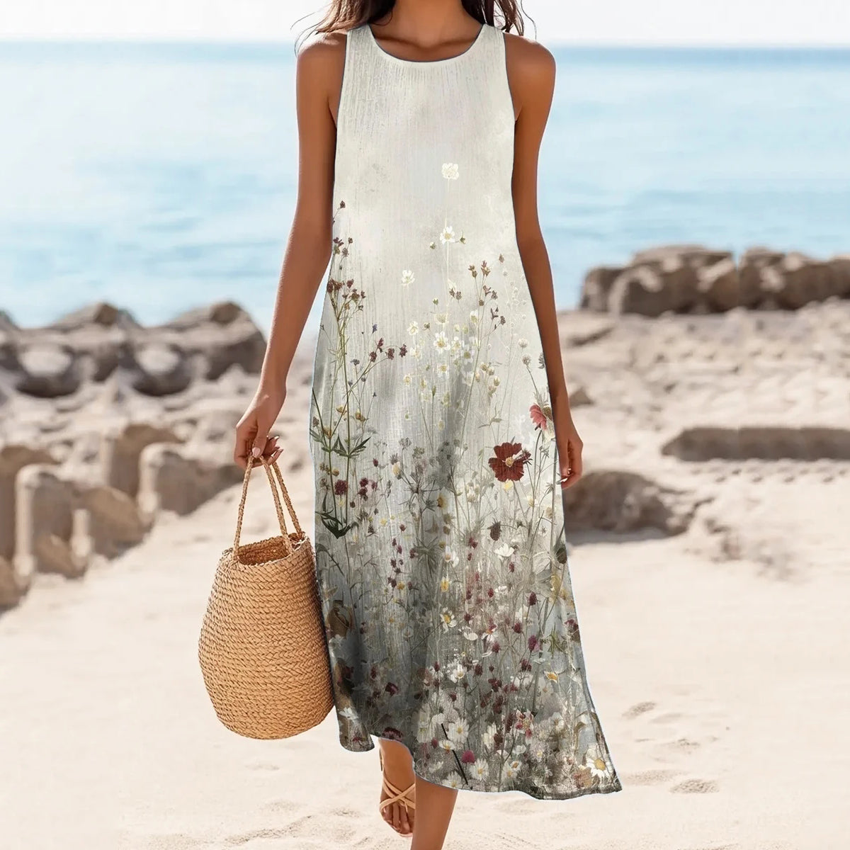 Women's Floral Print Linen Blend Tank Midi Dress artswardrobe