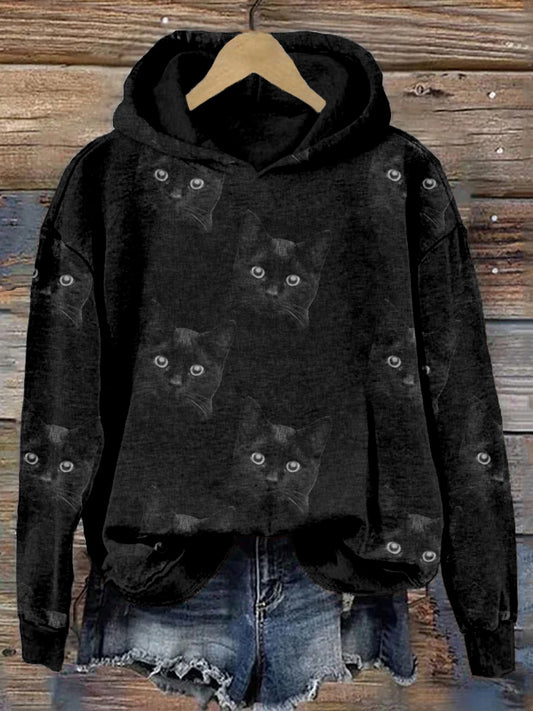 Cute Cat Face Pattern Washed Cozy Hoodie artswardrobe