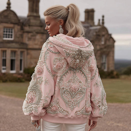 Comstylish Women's Vintage Rose Embroidery Art Long Sleeve Hoodie