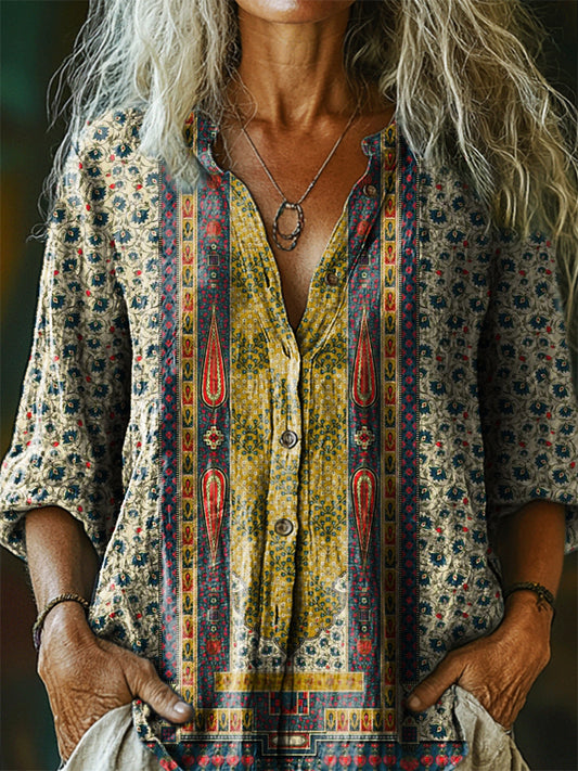 Women's Vintage Ethnic Floral Art Print Casual Cotton Linen Shirt