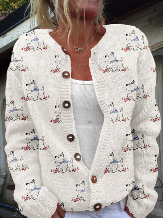 Comstylish Cute Terrier Embroidered Cozy Knit Cardigan
