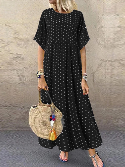 KS | Polka Dot Ladies Midi Dress Bohemian Vacation Short Sleeve O-Neck Long Robe Vintage Loose Casual A-line Vestidos Summer