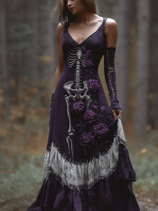Comstylish Women Halloween Skeleton Rose Night Purple Strap Making Old Dress