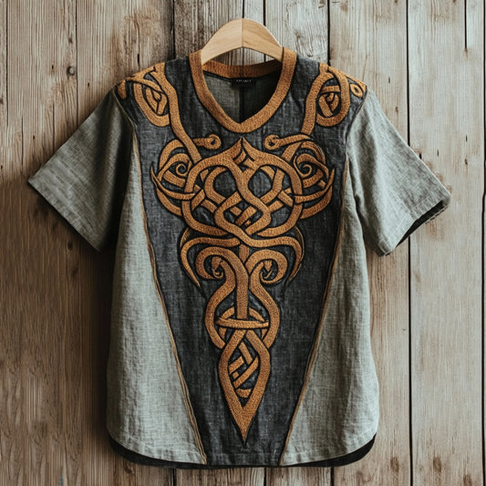 Men's Viking Celtic Embroidery Linen T Shirt artswardrobe