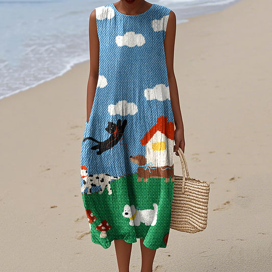 Women's Retro Cute Dogs And Cat Art Print Sleeveless Dress artswardrobe