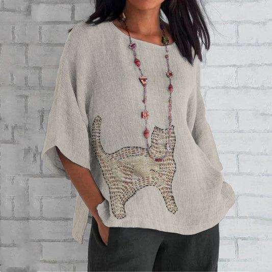 Women's Cat Patch Sashiko Embroidery Art  Loose Crew Neck Tops elevenforest