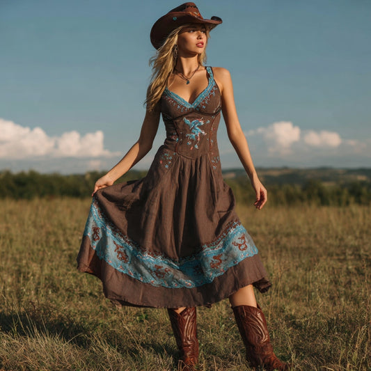 Vintage Western Horse Print V-neck Suspender Midi Dress artswardrobe
