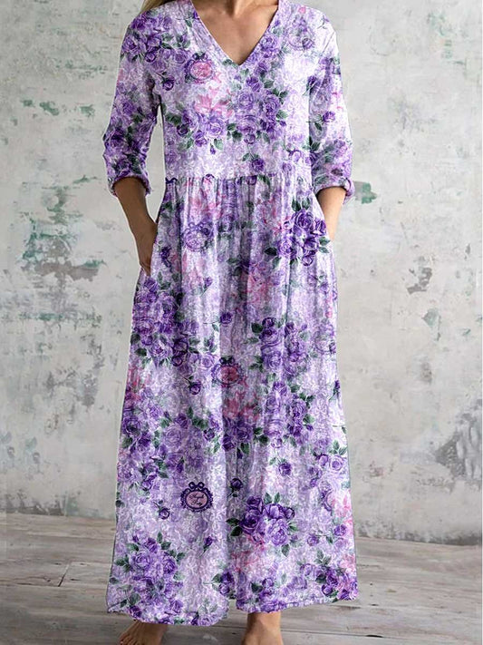 Women's Elegant Simple Rose Floral V-Neck Cotton and Linen Dress with 