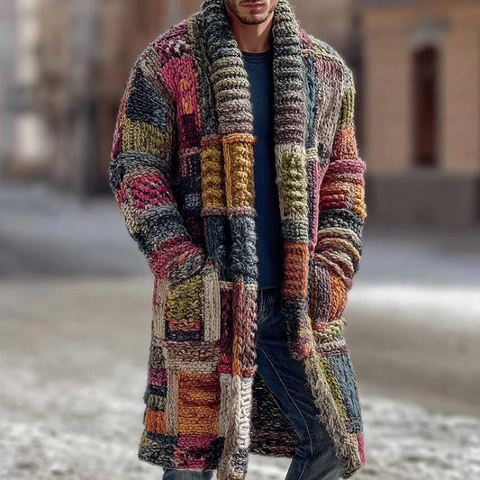 Men's Geometric Color Block Chunky Knit Jacquard Long Cardigan Sweater artswardrobe