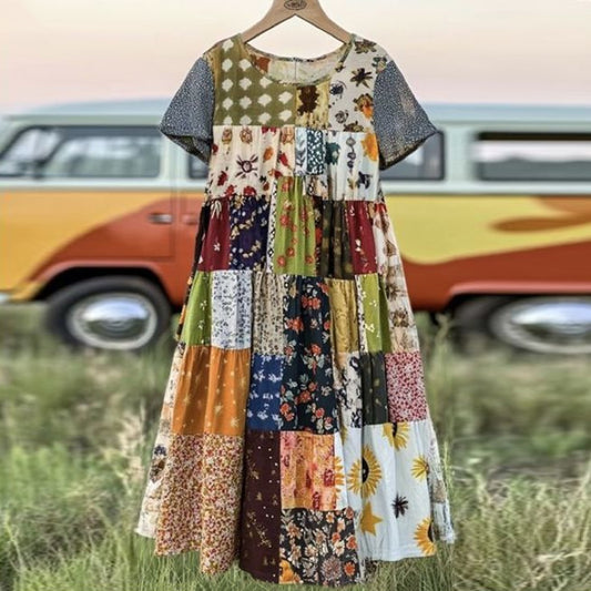 Countryside Style Collection Classy Patchwork Floral Pattern Art Linen Maxi Dress