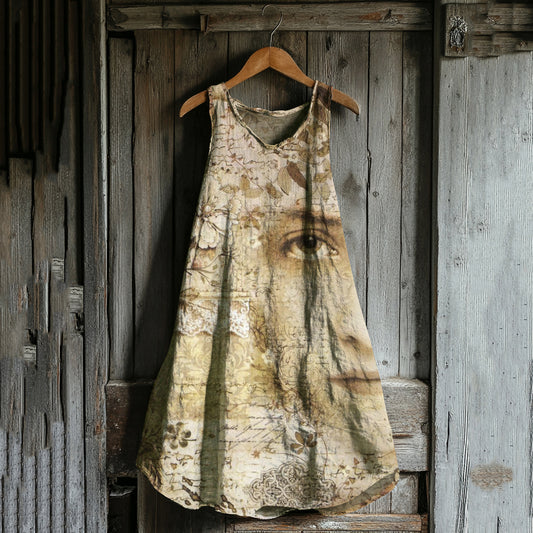 Vintage Flower Face Art Linen Blend Tank Midi Dress artswardrobe