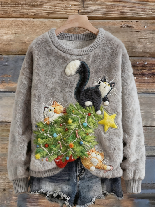 Women's Christmas Cat Embroidery Art Comfort Plush Sweatshirt