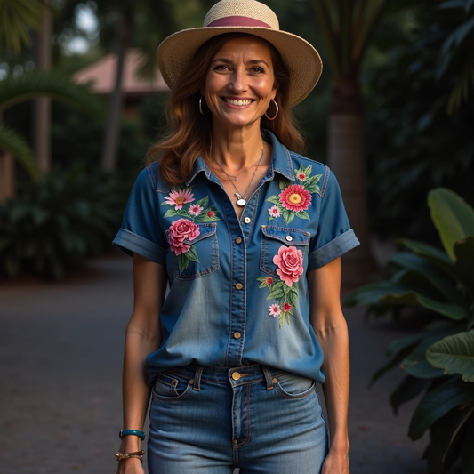 Comstylish Floral Embroidered Lapel Washed Short Sleeved Denim Shirt