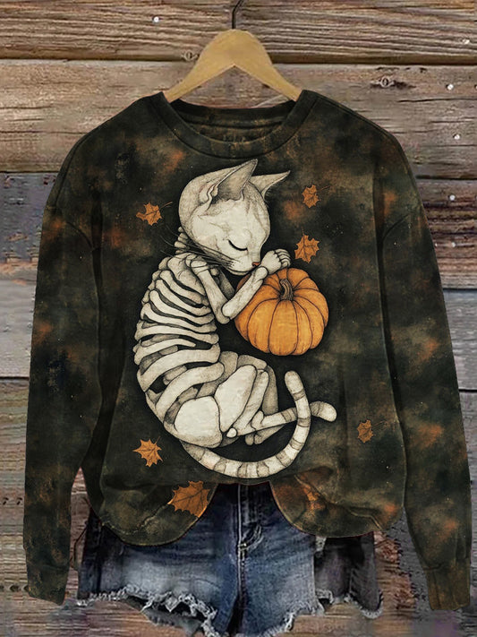 Skeleton Cat Halloween Pumpkin Vintage Women's Casual Hoodie elevenforest