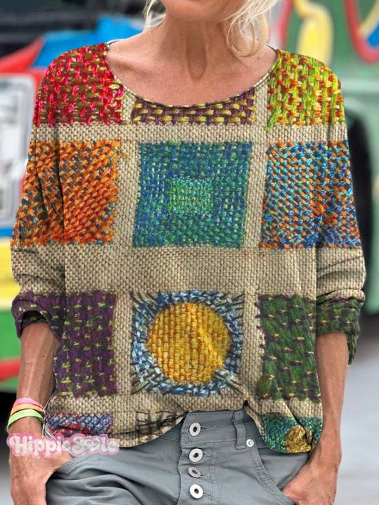Vintage Colorful Patchwork Art Print Casual Long Sleeve T-shirt